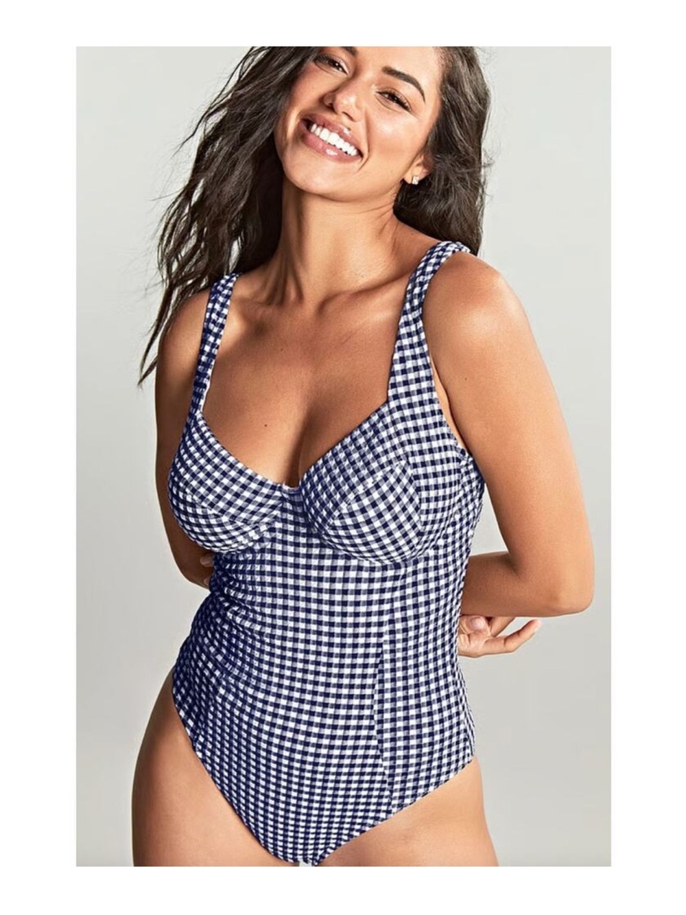 Panache Paloma Balcony One Piece Swimsuit Navy Blue Gingham Size 36H US SW1720